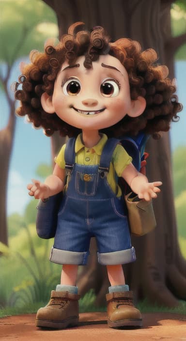  {The tree with a smiling face formed by its bark, looking down at Riley., Riley, a curious with big brown eyes and curly hair, wearing overalls and carrying a small backpack. Their friend, Skye, a bluebird with shiny feathers.