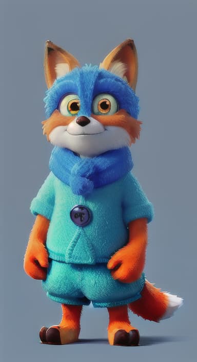  {Error the fox pressing the blue button with his paw, looking puzzled as nothing occurs., Error is a small, bright orange fox with a fluffy tail and big, inquisitive eyes. He has a mischievous yet kind expression and wears a tiny green scarf.