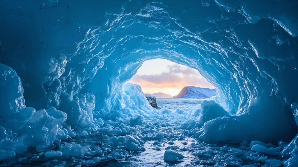  good quality, high quality, inside view of a crystal blue ice cave in iceland with a sunset visible through the opening