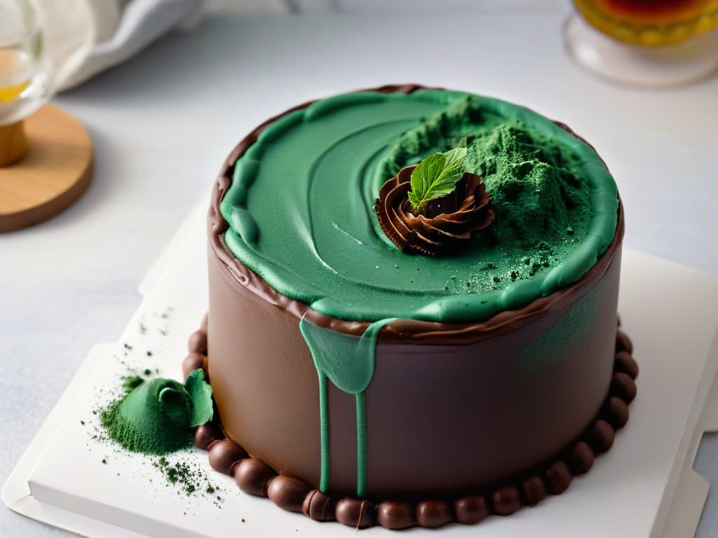  A closeup, ultradetailed image of a vibrant green spirulina powder being gently sifted onto a perfectly smooth, glossy chocolate ganache cake. The powdery spirulina creates a striking contrast against the rich, dark chocolate, with every tiny particle captured in exquisite detail, showcasing the intense color and fine texture of the superfood ingredient. The image conveys a sense of precision and artistry, appealing to the reader's desire for both visual beauty and nutritional benefits in their baking endeavors. hyperrealistic, full body, detailed clothing, highly detailed, cinematic lighting, stunningly beautiful, intricate, sharp focus, f/1. 8, 85mm, (centered image composition), (professionally color graded), ((bright soft diffused light)), volumetric fog, trending on instagram, trending on tumblr, HDR 4K, 8K