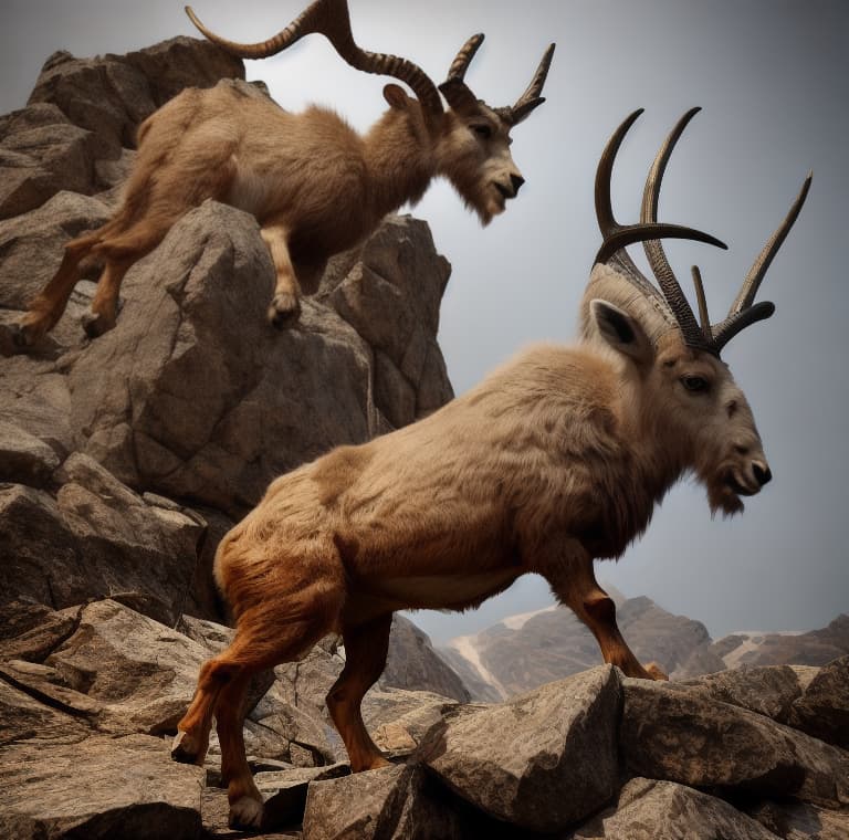  A 3d render image, 8k quality, of a markhor, mountain goat. With amazingly twisted horns.