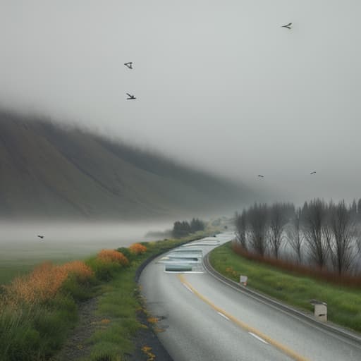  Fog, a few roads, birds, willows,