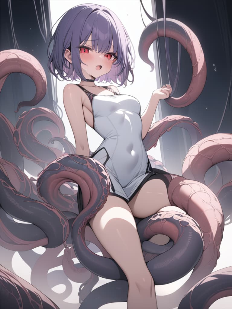  Tentacles, brown skin, short hair, crying face, purple hair, tentacle winding, open mouth, red eye, whole body, full body, masterpiece, best quality,8k,ultra detailed,high resolution,an extremely delicate and beautiful,hyper detail