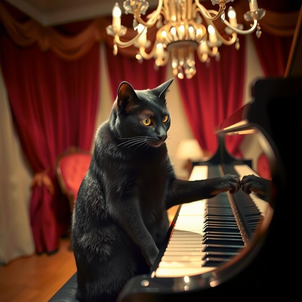  good quality, high quality, a cat, sitting upright on a grand piano, with its paws delicately pressing the keys. the setting is a luxurious, dimly lit room with velvet curtains and a chandelier overhead. the cat is a sleek, black feline with a shiny coat, and its eyes are focused intently on the keys as if it’s deeply engrossed in the music. the piano is polished to a high sheen, reflecting the soft glow of the chandelier, and there’s a faint sense of magic in the air.