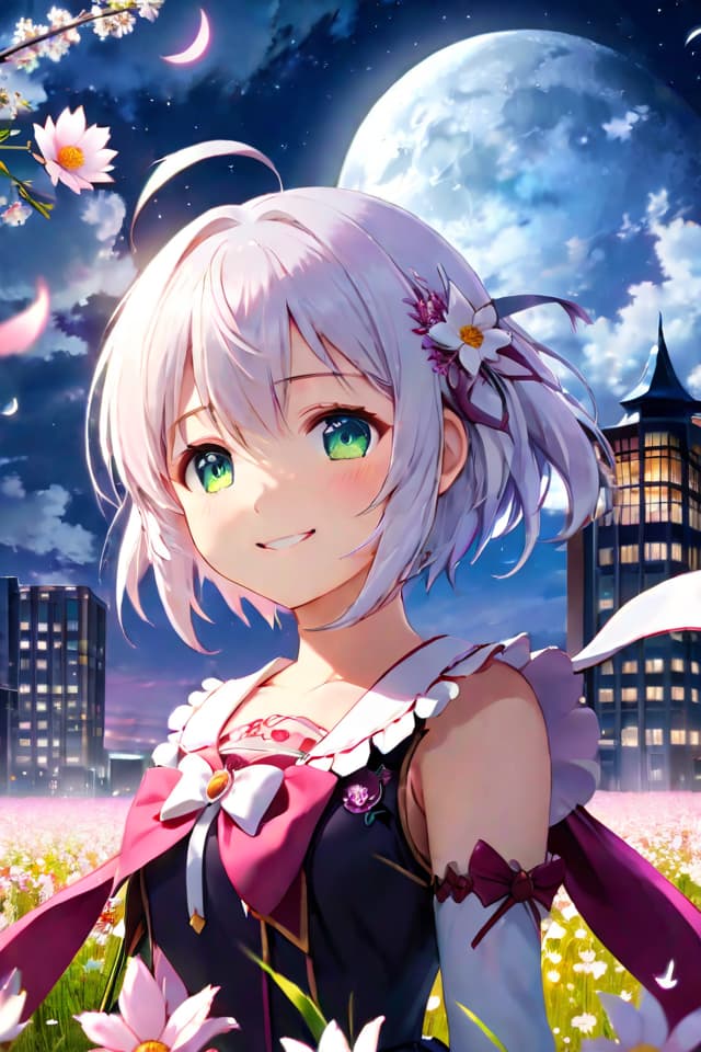  masterpiece, best quality, 1girl,kaname madoka, <lora:madoka_xl_16dim:0.5>, (colorful),(finely detailed beautiful eyes and detailed face),cinematic lighting,bust shot,extremely detailed CG unity 8k wallpaper,white hair,solo,smile,intricate,((flying petal)),(Flowery meadow) sky, cloudy_sky, building, moonlight, moon, night, (dark theme:1.3), light, fantasy, hyperrealistic, full body, detailed clothing, highly detailed, cinematic lighting, stunningly beautiful, intricate, sharp focus, f/1. 8, 85mm, (centered image composition), (professionally color graded), ((bright soft diffused light)), volumetric fog, trending on instagram, trending on tumblr, HDR 4K, 8K