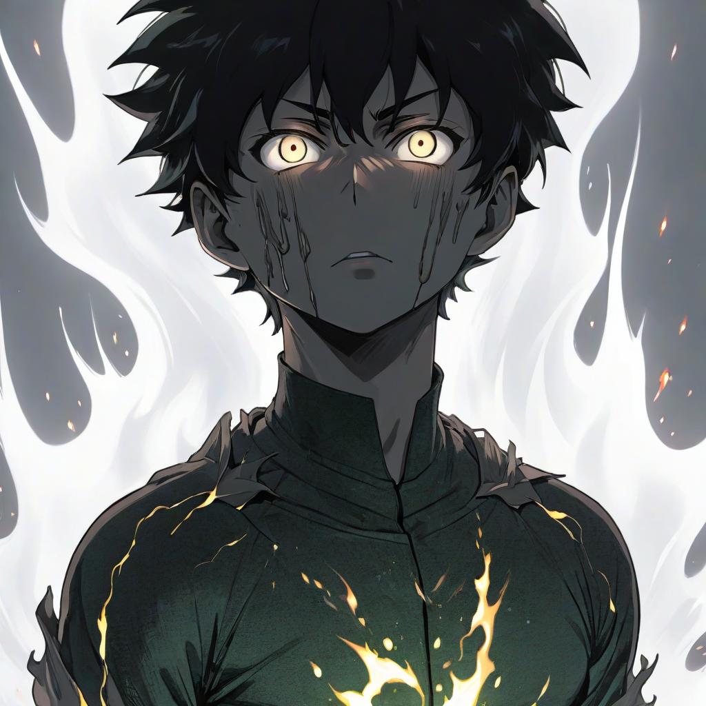  a man that is standing in front of a fire, seinen manga portrait, mob psycho 100, anger. hyper detailed, background removed, darkness ❄️ �️ taxidermetroid, akira vibes, limbo, omori, super saiyan, discord, his mind contemplating eternity, streaming on twitch, his eyes are bleeding intense hyperrealistic, full body, detailed clothing, highly detailed, cinematic lighting, stunningly beautiful, intricate, sharp focus, f/1. 8, 85mm, (centered image composition), (professionally color graded), ((bright soft diffused light)), volumetric fog, trending on instagram, trending on tumblr, HDR 4K, 8K