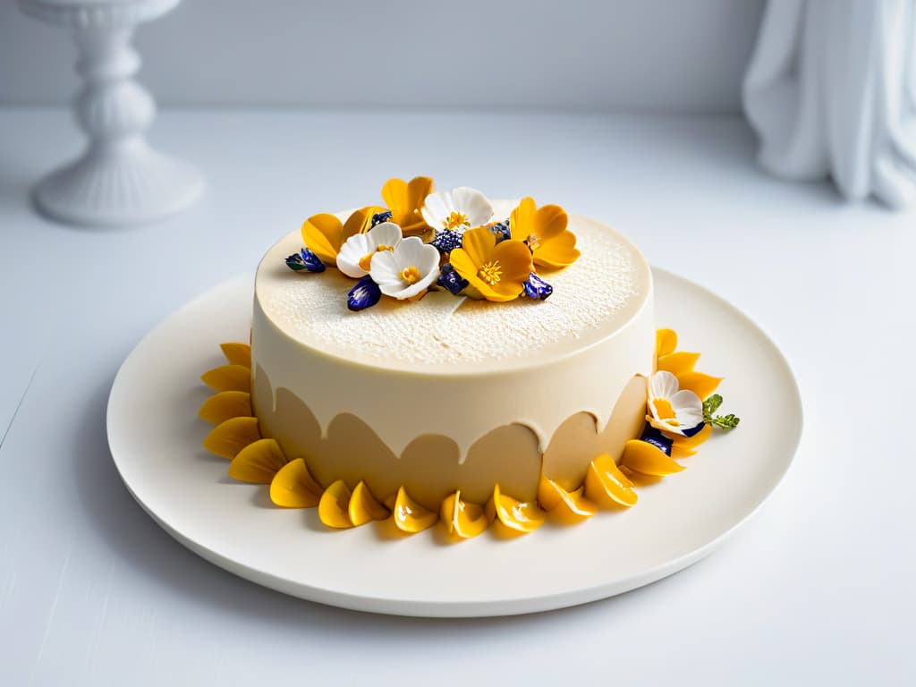  A photorealistic image of a sleek, white plate elegantly decorated with a minimalist dessert masterpiece. The dessert is a work of art with delicate layers of a perfectly smooth, glossy glaze cascading down the sides. The top is adorned with a precise arrangement of tiny edible flowers and gold leaf accents, all set against the stark white background to emphasize the dessert's minimalistic beauty. hyperrealistic, full body, detailed clothing, highly detailed, cinematic lighting, stunningly beautiful, intricate, sharp focus, f/1. 8, 85mm, (centered image composition), (professionally color graded), ((bright soft diffused light)), volumetric fog, trending on instagram, trending on tumblr, HDR 4K, 8K