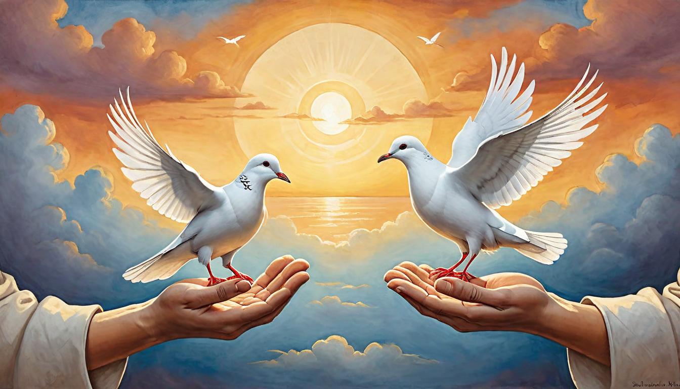  on parchment, surrealism+++, Two clasped hands releasing a white dove into a sunset sky, symbolizing forgiveness, hands are implied not shown, emotional freedom, Peaceful release, new beginnings, reconciliation, Warm, hopeful, serene(mysterious, provocative, symbolic,muted color)+++