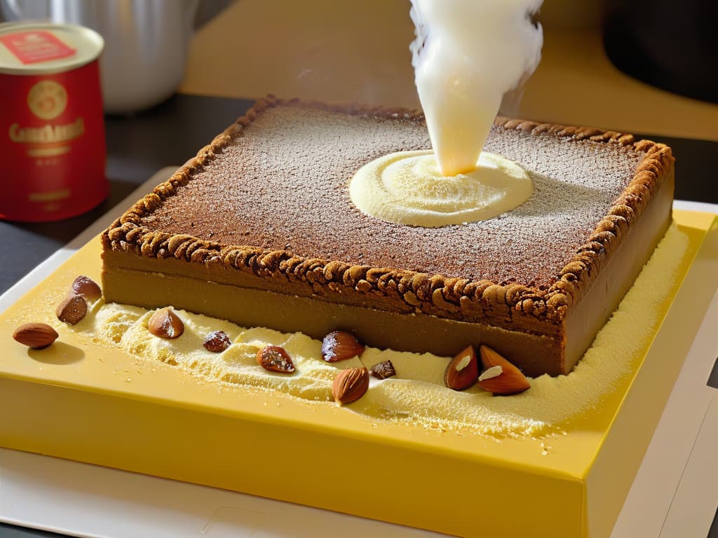  An ultradetailed closeup image showcasing the intricate layers of finely ground semolina and almond mixture being delicately sprinkled and smoothed into a baking tray, capturing the precise and methodical preparation process of Hareeseh. The image highlights the contrast between the pale yellow semolina and the rich brown almond crumbs, emphasizing the textures and ingredients that make this trendy dessert so irresistible. hyperrealistic, full body, detailed clothing, highly detailed, cinematic lighting, stunningly beautiful, intricate, sharp focus, f/1. 8, 85mm, (centered image composition), (professionally color graded), ((bright soft diffused light)), volumetric fog, trending on instagram, trending on tumblr, HDR 4K, 8K