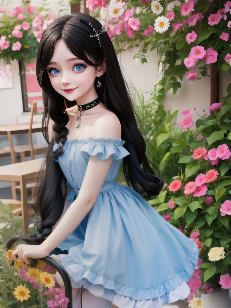  little girl, goth girl, shoulder length black hair styled, pale blue eyes, pale skin, European, goth dress, choker, smiling, cute