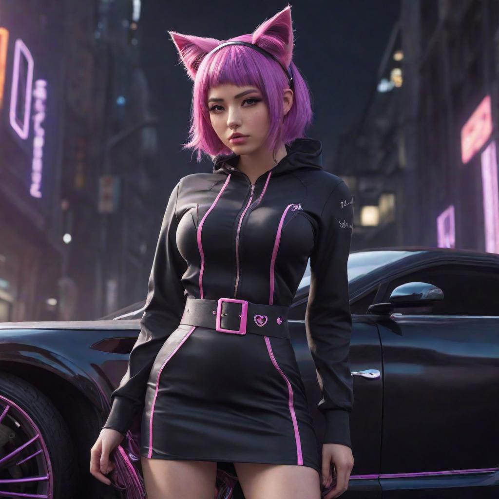  a girl with pink-purple hair in the shape of cat ears, wearing a black dress with a pink belt over which a shirt is worn, stands with her leg thrown over the hood of a car., cute, hyper detail, full HD hyperrealistic, full body, detailed clothing, highly detailed, cinematic lighting, stunningly beautiful, intricate, sharp focus, f/1. 8, 85mm, (centered image composition), (professionally color graded), ((bright soft diffused light)), volumetric fog, trending on instagram, trending on tumblr, HDR 4K, 8K