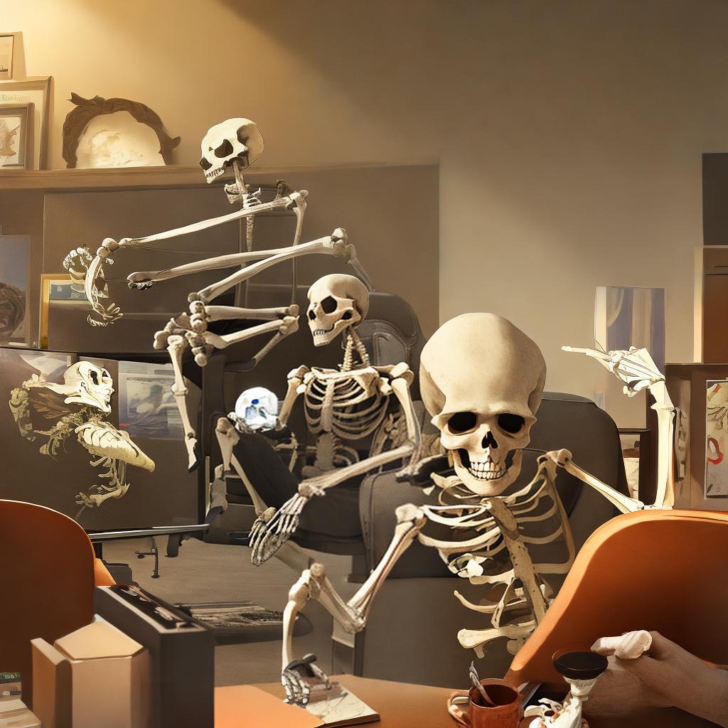  masterpiece, best quality, Best Quality, Masterpiece, 8k resolution,high resolution concept art of an  skeleton playing games