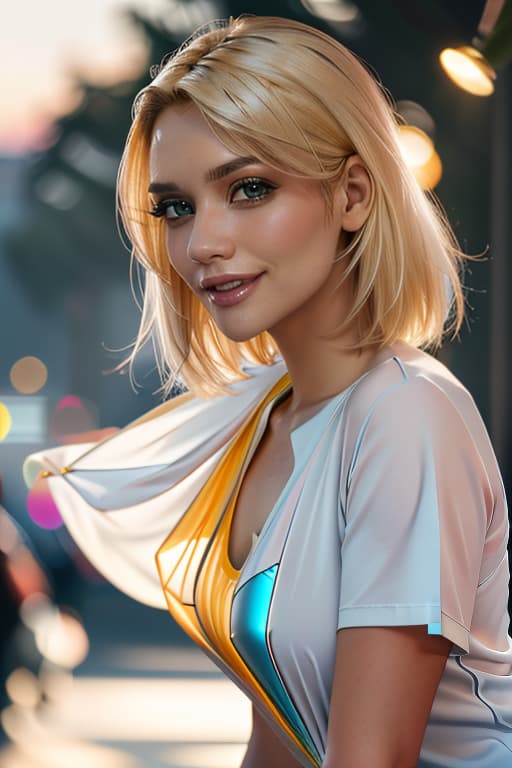  1girl,1girl,blonde short hair,straight hair,upper body shot,shirt,smile hyperrealistic, full body, detailed clothing, highly detailed, cinematic lighting, stunningly beautiful, intricate, sharp focus, f/1. 8, 85mm, (centered image composition), (professionally color graded), ((bright soft diffused light)), volumetric fog, trending on instagram, trending on tumblr, HDR 4K, 8K