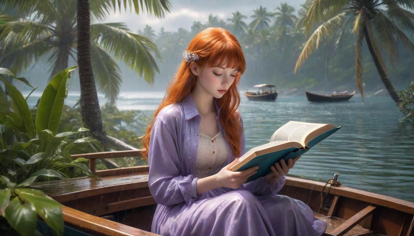  hyperrealistic art Beach, ginger girl reads book, palm, birch, lilac, boat, during rain. . extremely high resolution details, photographic, realism pushed to extreme, fine texture, incredibly lifelike hyperrealistic, full body, detailed clothing, highly detailed, cinematic lighting, stunningly beautiful, intricate, sharp focus, f/1. 8, 85mm, (centered image composition), (professionally color graded), ((bright soft diffused light)), volumetric fog, trending on instagram, trending on tumblr, HDR 4K, 8K