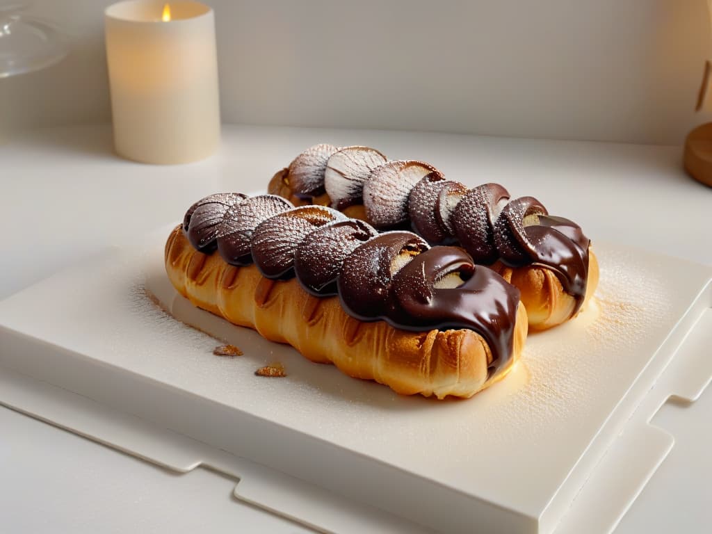  An ultradetailed closeup image of a perfectly goldenbrown, perfectly puffed, and flawlessly glazed éclair resting on a sleek marble countertop. The glossy chocolate glaze on top shines elegantly under a soft spotlight, showcasing the delicate ridges of the choux pastry shell. Crystals of sugar glisten on the surface, hinting at a sweet, indulgent taste. The background is blurred, emphasizing the éclair as the star of the show, with a subtle shadow adding depth to the composition. hyperrealistic, full body, detailed clothing, highly detailed, cinematic lighting, stunningly beautiful, intricate, sharp focus, f/1. 8, 85mm, (centered image composition), (professionally color graded), ((bright soft diffused light)), volumetric fog, trending on instagram, trending on tumblr, HDR 4K, 8K