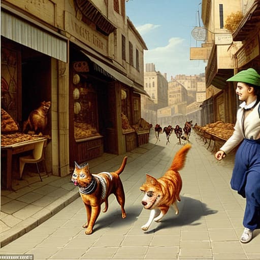  A dog and a cat running with a roast chicken in their mouths along a boulevard of merchants, curious details in the image