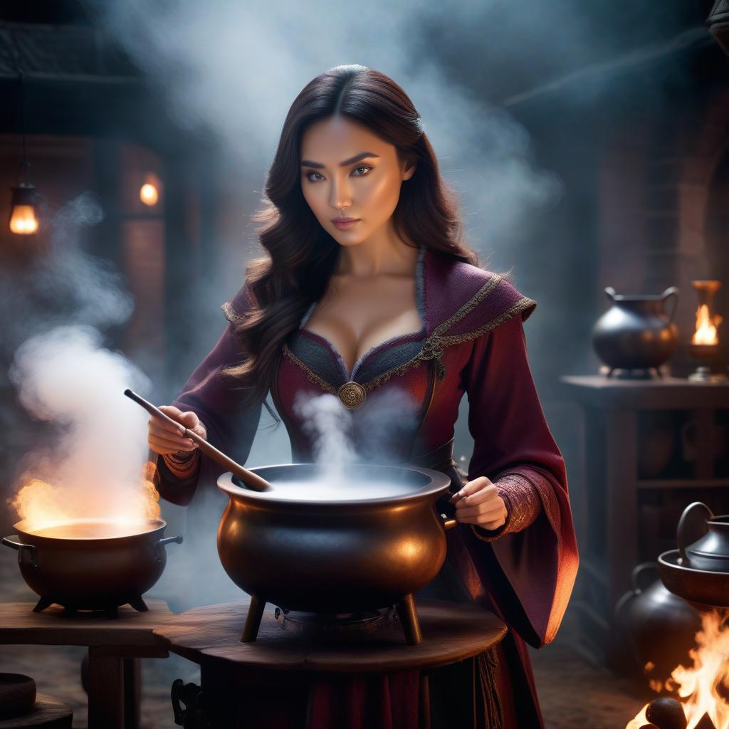  A girl is holding a phone in one hand and brewing a potion in a cauldron with a wand. hyperrealistic, full body, detailed clothing, highly detailed, cinematic lighting, stunningly beautiful, intricate, sharp focus, f/1. 8, 85mm, (centered image composition), (professionally color graded), ((bright soft diffused light)), volumetric fog, trending on instagram, trending on tumblr, HDR 4K, 8K