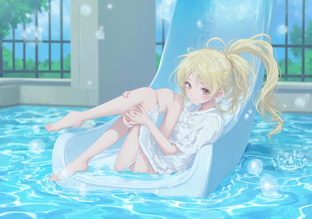  good quality, high quality, cute anime with ponytail sitting, legs straight, sliding down a curved water slide, compeion , close up, low angle, anime style