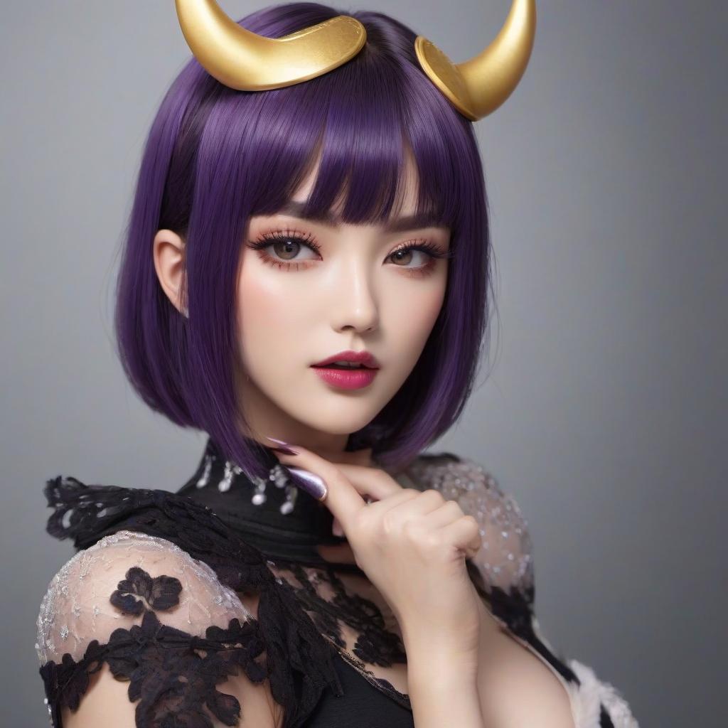  score 9,score 8 up,score 7 up,score 6 up,1girl,solo,tongue,shuten douji \(fate\),purple eyes,tongue out,bangs,looking at viewer,makeup,black nails,short hair,purple hair,fang,portrait,nail polish,bob cut,eyeliner,close up,oni horns,yellow background,eyeshadow,eyelashes,short eyebrows,fingernails,blunt bangs,open mouth,finger to mouth,thick eyebrows, hyperrealistic, full body, detailed clothing, highly detailed, cinematic lighting, stunningly beautiful, intricate, sharp focus, f/1. 8, 85mm, (centered image composition), (professionally color graded), ((bright soft diffused light)), volumetric fog, trending on instagram, trending on tumblr, HDR 4K, 8K