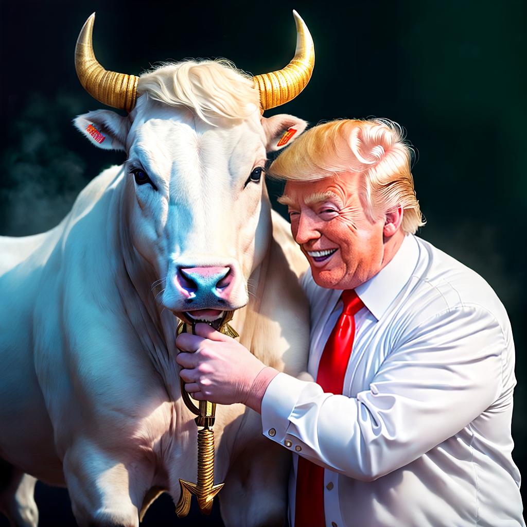  A bull drinks milk and Donald Trump hugs him and laughs ,highly detailed, cinematic lighting, stunningly beautiful, intricate, sharp focus, f1. 8, 85mm, (centered image composition), (professionally color graded), ((bright soft diffused light)), volumetric fog, trending on instagram, trending on tumblr, HDR 4K, 8K