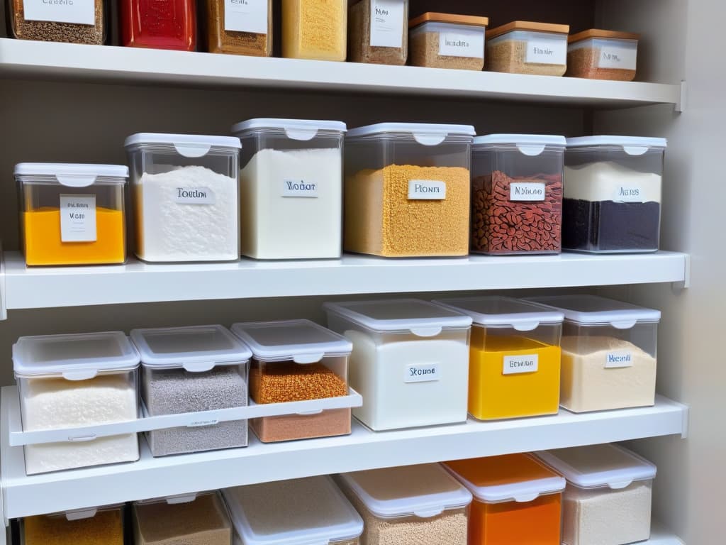  A sleek, minimalistic kitchen pantry organization photo featuring a row of clear, airtight containers filled with various colorful batches of flour, sugar, and other baking ingredients neatly arranged on a white marble countertop. The containers are neatly labelled in elegant calligraphy with the names of the ingredients, creating a visually appealing and organized display that would inspire any home baker. hyperrealistic, full body, detailed clothing, highly detailed, cinematic lighting, stunningly beautiful, intricate, sharp focus, f/1. 8, 85mm, (centered image composition), (professionally color graded), ((bright soft diffused light)), volumetric fog, trending on instagram, trending on tumblr, HDR 4K, 8K