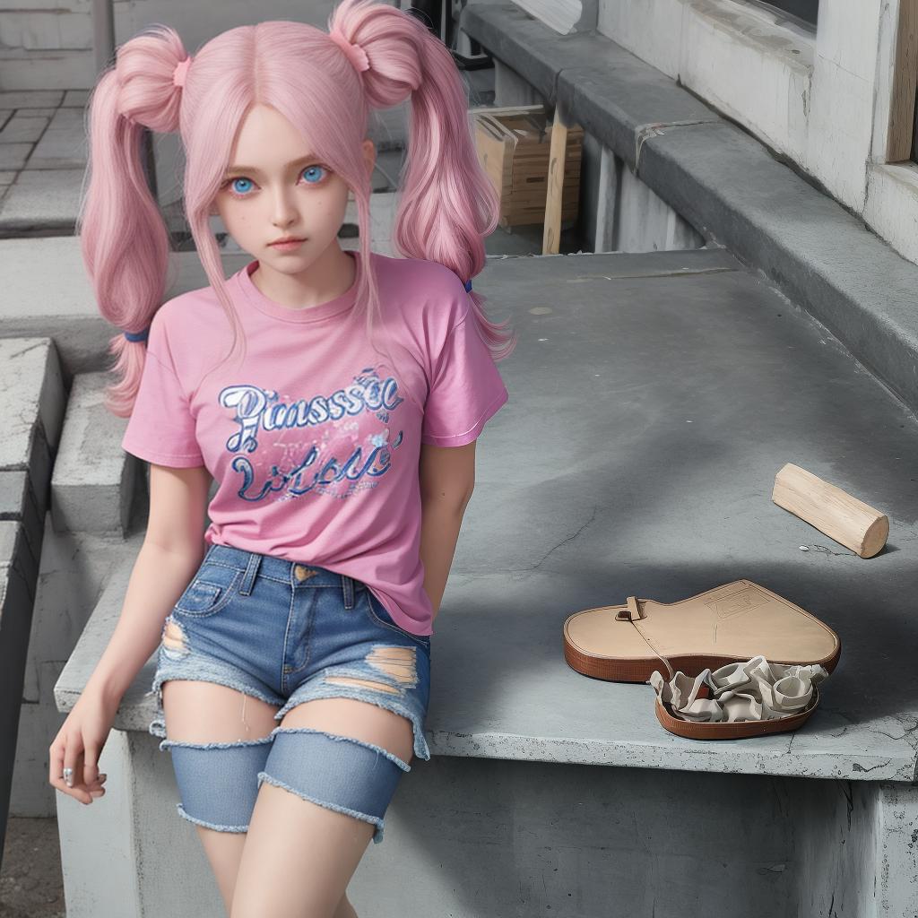  masterpiece, best quality, with hair, blue eyes,hair in pigtails, ripped jean shorts, baggy pink shirt