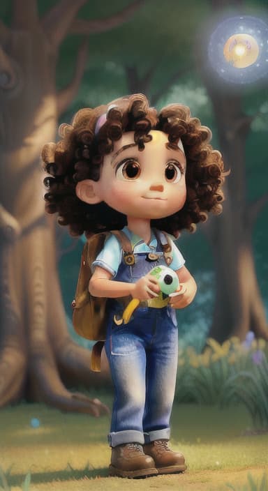  {The tree shining brightly and releasing a gentle, magical light., Riley, a curious with big brown eyes and curly hair, wearing overalls and carrying a small backpack. Their friend, Skye, a bluebird with shiny feathers.