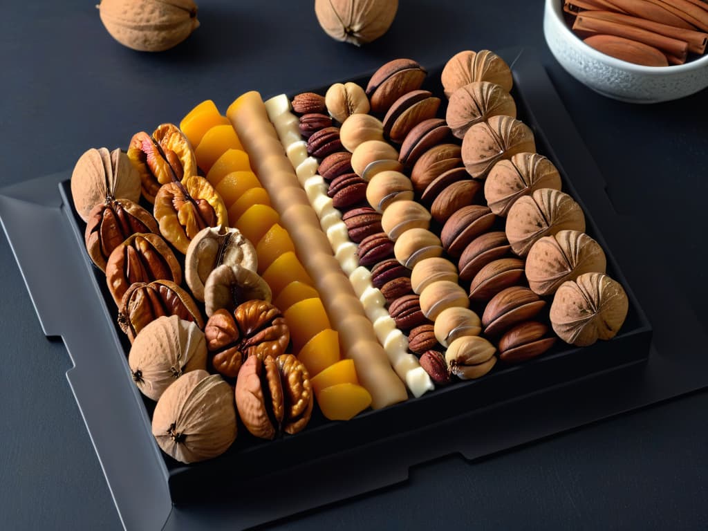  A closeup, ultradetailed image of a perfectly arranged assortment of various types of whole and shelled walnuts, almonds, and pecans, artfully displayed on a sleek, matte black ceramic plate. The nuts are meticulously organized by type, with their unique textures and shapes highlighted under soft, natural lighting that creates a subtle interplay of shadows. The rich browns, creams, and hints of deep purples in the nuts contrast beautifully against the dark background, evoking a sense of sophistication and luxury that perfectly complements the theme of healthy and delicious nutbased desserts. hyperrealistic, full body, detailed clothing, highly detailed, cinematic lighting, stunningly beautiful, intricate, sharp focus, f/1. 8, 85mm, (centered image composition), (professionally color graded), ((bright soft diffused light)), volumetric fog, trending on instagram, trending on tumblr, HDR 4K, 8K