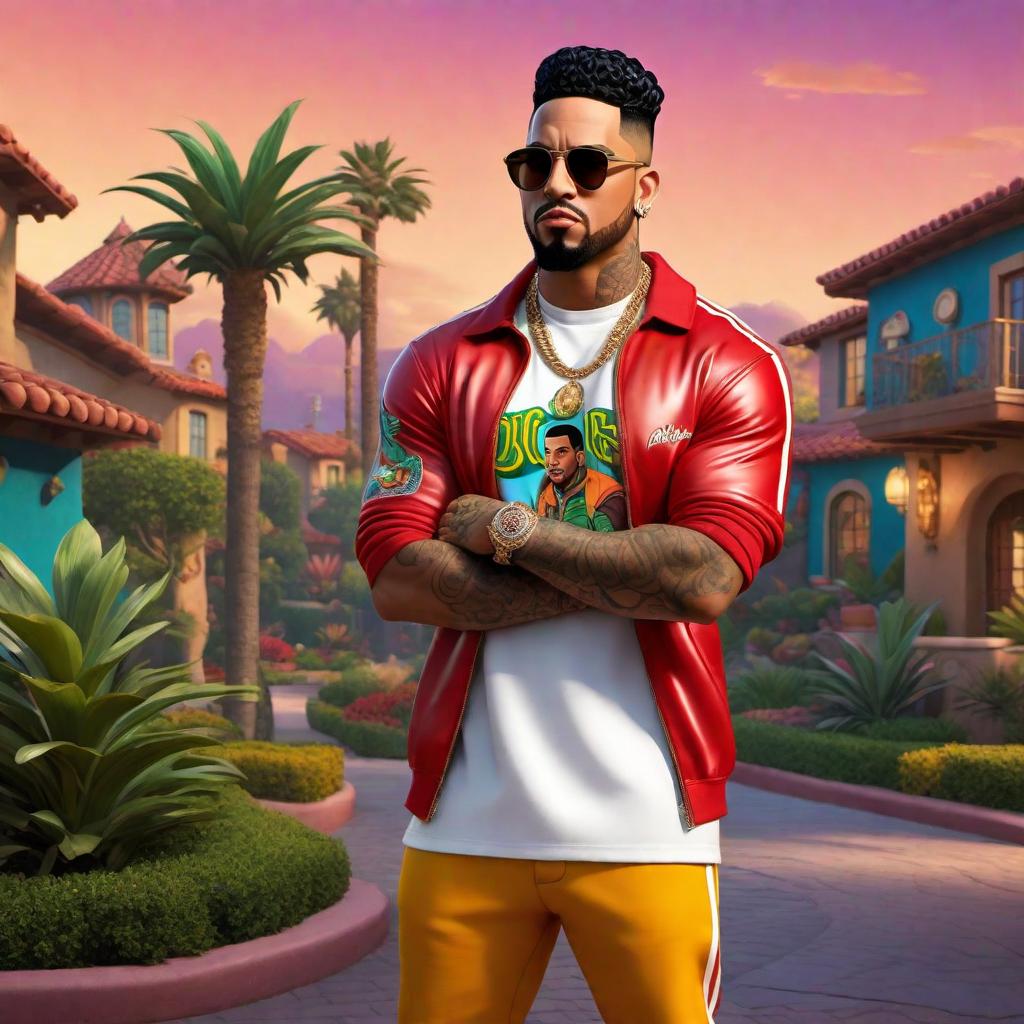  Cartoon character resembling Big Toke, the Latin rapper from the West Coast, in the style of a Disney character. The cartoon should capture the rapper's iconic look and style but still be suitable for a Disney-themed aesthetic, with vibrant colors and a family-friendly design. hyperrealistic, full body, detailed clothing, highly detailed, cinematic lighting, stunningly beautiful, intricate, sharp focus, f/1. 8, 85mm, (centered image composition), (professionally color graded), ((bright soft diffused light)), volumetric fog, trending on instagram, trending on tumblr, HDR 4K, 8K