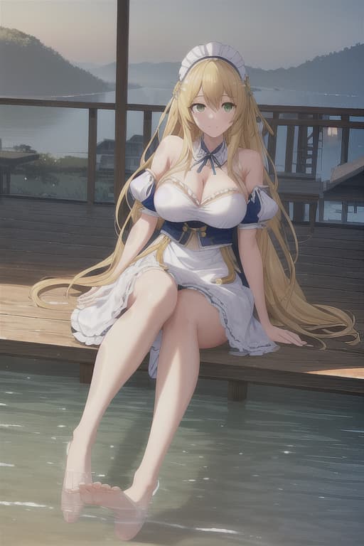  (score 9,score 8 up,score 7 up,),1girl,solo,maid,maid headdress,looking at viewer,outdoor,lake,apron,blonde hair,indoors,green eyes,bare foot,two feet in the water hyperrealistic, full body, detailed clothing, highly detailed, cinematic lighting, stunningly beautiful, intricate, sharp focus, f/1. 8, 85mm, (centered image composition), (professionally color graded), ((bright soft diffused light)), volumetric fog, trending on instagram, trending on tumblr, HDR 4K, 8K