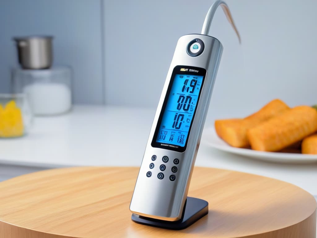  A closeup, ultradetailed image of a sleek, modern digital thermometer with a stainless steel finish, displaying the temperature in bold, vibrant numbers against a soft, blurred background of a luxurious kitchen setting. hyperrealistic, full body, detailed clothing, highly detailed, cinematic lighting, stunningly beautiful, intricate, sharp focus, f/1. 8, 85mm, (centered image composition), (professionally color graded), ((bright soft diffused light)), volumetric fog, trending on instagram, trending on tumblr, HDR 4K, 8K