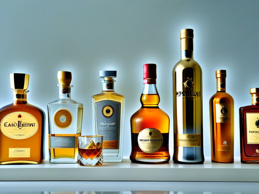  A minimalistic, highresolution image of a variety of premium liquor bottles arranged neatly on a sleek, reflective surface. Each bottle is elegantly designed with gold accents, showcasing rich ambercolored liquids inside. The play of light creates a sophisticated and inviting atmosphere, emphasizing the depth and complexity of flavors that these fine spirits can bring to pastry creations. hyperrealistic, full body, detailed clothing, highly detailed, cinematic lighting, stunningly beautiful, intricate, sharp focus, f/1. 8, 85mm, (centered image composition), (professionally color graded), ((bright soft diffused light)), volumetric fog, trending on instagram, trending on tumblr, HDR 4K, 8K