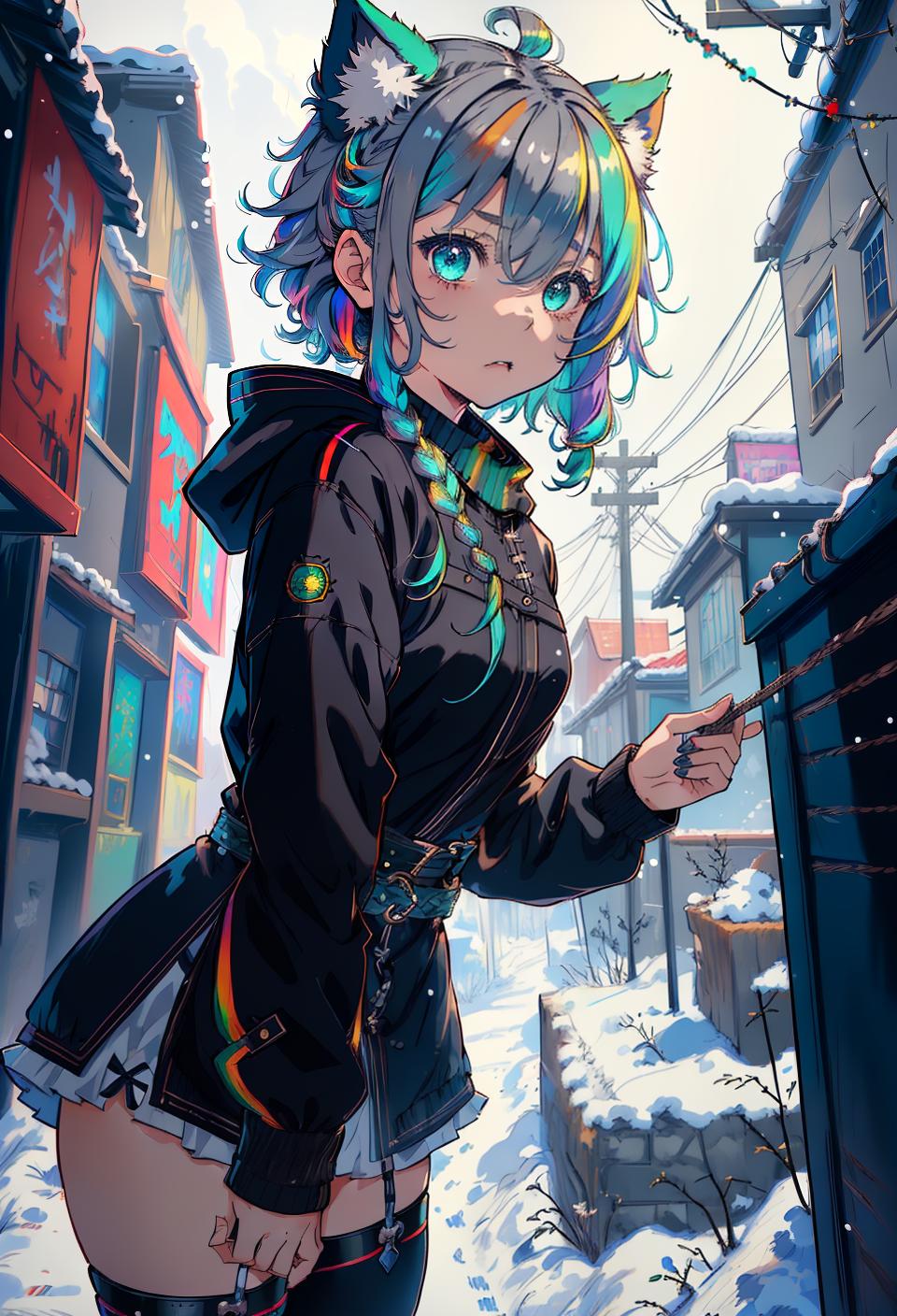  ((trending, highres, masterpiece, cinematic shot)), 1girl, chibi, female winter clothes, medieval fantasy scene, very short wavy rainbow hair, side locks hairstyle,  aqua eyes, tough personality, scared expression, animal ears, animal tail, grey skin, orderly, observant