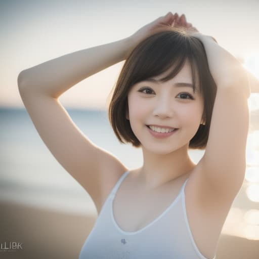  (8k, RAW photo, best quality, masterpiece:1.2), (realistic, photo-realistic:1.4), (extremely detailed 8k wallpaper), sharp focus, depth of field, blur background, bokeh,  cinematic lighting, soft light, upper body, cute actress arms up on the beach.short hair, (white plain : 1.5), smile, japanese idol