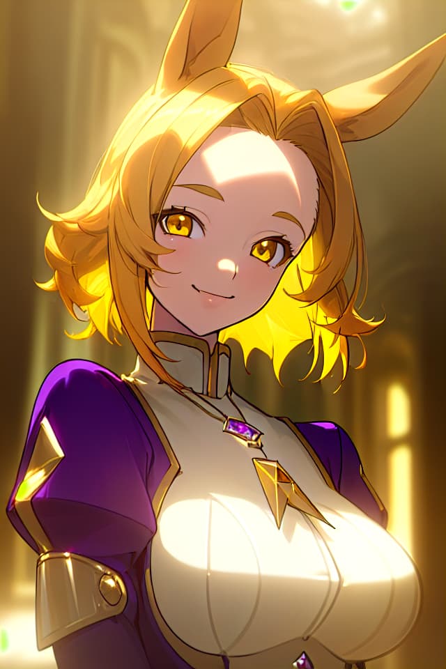  (((masterpiece))),(((best quality))),vibrant colors,sharp focus,depth of field,cinematic lighting,1girl,medium hair,light blonde hair,middle parted hair,forehead,horse ears,yellow eyes,purple uniform,diamond pendant,sunlight,smile