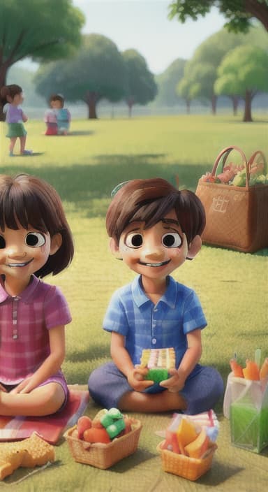  {Kids sitting around a picnic blanket, enjoying juice boxes and snacks., Children happily eating snacks, with crumbs on their faces and big smiles.