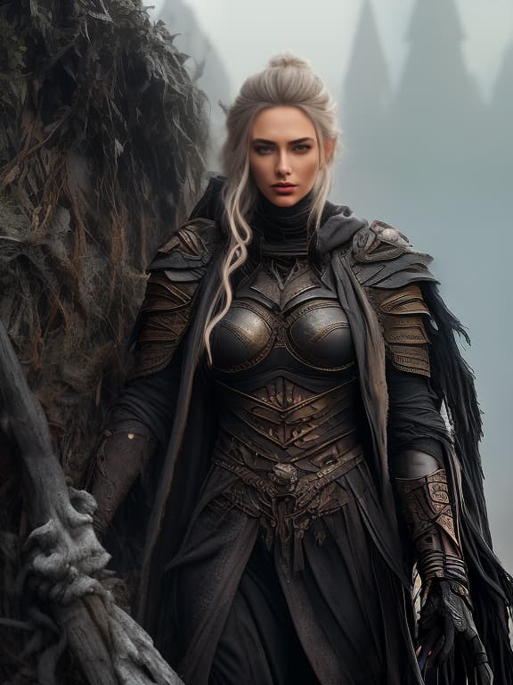  A girl from another planet, tattered costume, torn hood, clothes made of rags, black long swords in hands, dirty clothes, Dune, black colors, cosmos., magic, dragons, elves, castles, by Donato Giancola, Ruan Jia, Kekai Kotaki, Magali Villeneuve, Even Mehl Amundsen hyperrealistic, full body, detailed clothing, highly detailed, cinematic lighting, stunningly beautiful, intricate, sharp focus, f/1. 8, 85mm, (centered image composition), (professionally color graded), ((bright soft diffused light)), volumetric fog, trending on instagram, trending on tumblr, HDR 4K, 8K