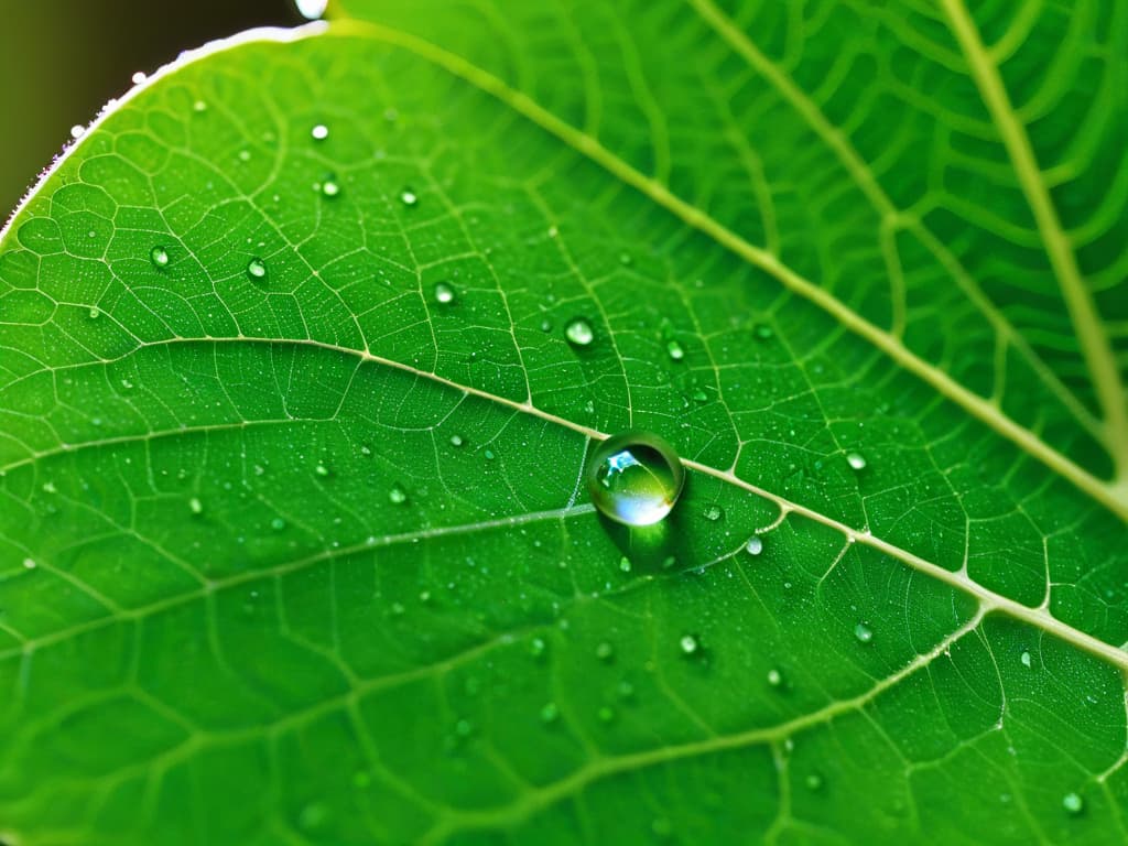  An ultradetailed closeup image of a perfectly symmetrical, delicate water droplet resting on a vibrant green leaf, capturing the intricate patterns and reflections within the droplet. The clarity and resolution are so high that every minuscule detail, from the refraction of light to the tiny hairs on the leaf's surface, is crystal clear and mesmerizing. The simplicity of the composition against a soft, blurred background enhances the beauty and purity of the water droplet, making it a visually captivating and minimalist image that embodies the essence of water as a crucial element in pastry decoration. hyperrealistic, full body, detailed clothing, highly detailed, cinematic lighting, stunningly beautiful, intricate, sharp focus, f/1. 8, 85mm, (centered image composition), (professionally color graded), ((bright soft diffused light)), volumetric fog, trending on instagram, trending on tumblr, HDR 4K, 8K