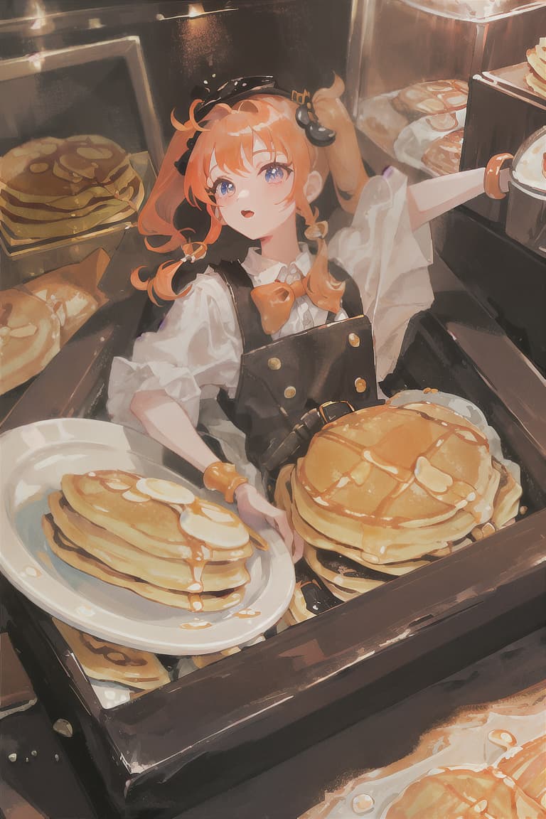  master piece , best quality,Orange hair, pigtails, girls, casket caps, pancakes