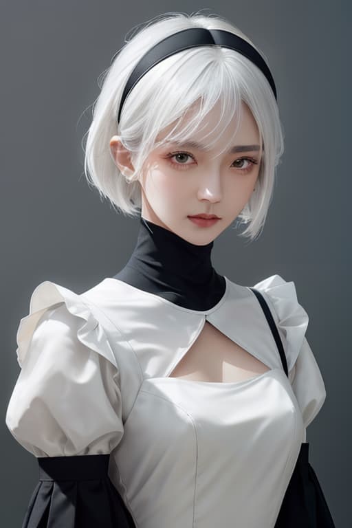  Japanese , ual emotion , harment in the bus , enjoyed , upper body, puffy sleeves, dress, short hair, white hair, black dress, juliet sleeves, hairband, s, age cutout, turtleneck, clothing cutout, black hairband, medium s, co, hai hyperrealistic, full body, detailed clothing, highly detailed, cinematic lighting, stunningly beautiful, intricate, sharp focus, f/1. 8, 85mm, (centered image composition), (professionally color graded), ((bright soft diffused light)), volumetric fog, trending on instagram, trending on tumblr, HDR 4K, 8K