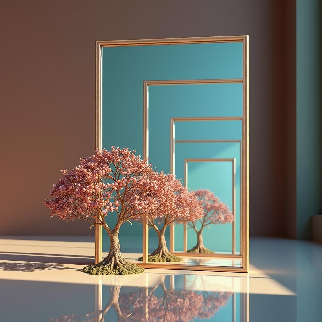  good quality, high quality, create a hyper realistic photograph depicting an optical illusion with a recursive, never ending effect. the scene should include a beautiful gem tree sitting in front of a mirror within a room. inside the mirror, a smaller mirror reflects the little gem tree again, creating a series of progressively smaller reflections that appear to go on infinitely. the background should enhance the contrast of the gem tree, and the mirrors should have noticeable, colorful frames to distinguish them from each other. the illusion should evoke a sense of depth and continuity.