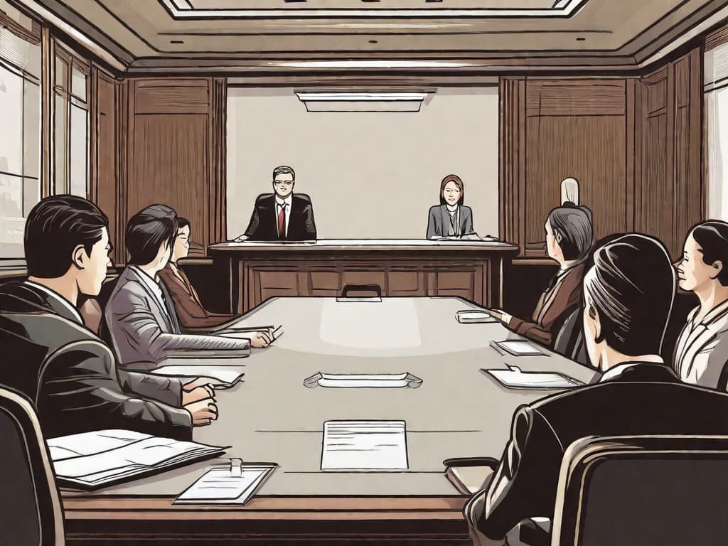  An image of a professional mediator, sitting at the head of a sleek conference table, with two opposing parties seated on either side. The mediator is gesturing calmly, facilitating the discussion. Legal books and mediation certificates adorn the background, emphasizing expertise and a peaceful resolution environment., ilustration, ultra-detailed, 4k