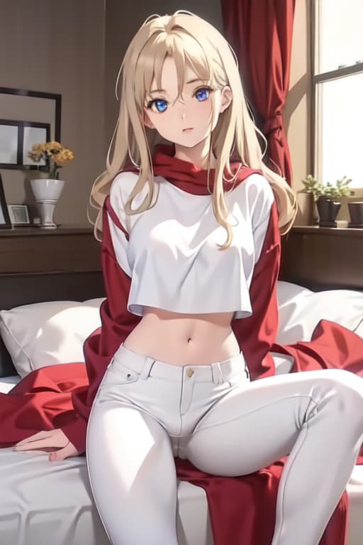  Beautiful and white white skinned female old with long and wavy hair, wearing a super skin tight crop top and skin tight pants. The pants are very very short. The skin tight clothes are super . She is sitting on her bed with her legs apart showing off to the camera.