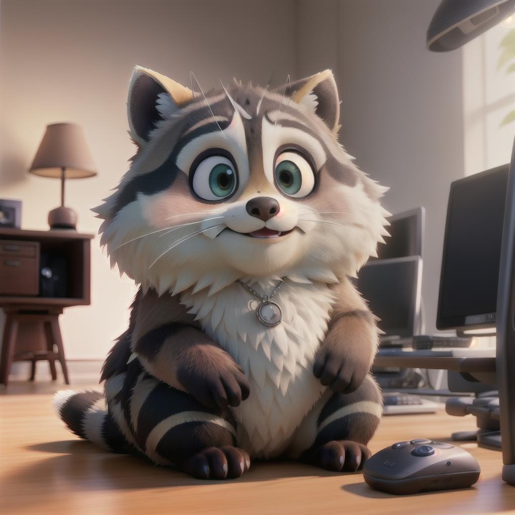  raccoon sitting in gaming chair front a computer on desktop, ((semi anthropomorphic)),(full body), tail, belly, sitting, fat, (chubby), (((white background))), solo, desktop, gaming chair, side view,  [[[clothes]]] hyperrealistic, full body, detailed clothing, highly detailed, cinematic lighting, stunningly beautiful, intricate, sharp focus, f/1. 8, 85mm, (centered image composition), (professionally color graded), ((bright soft diffused light)), volumetric fog, trending on instagram, trending on tumblr, HDR 4K, 8K