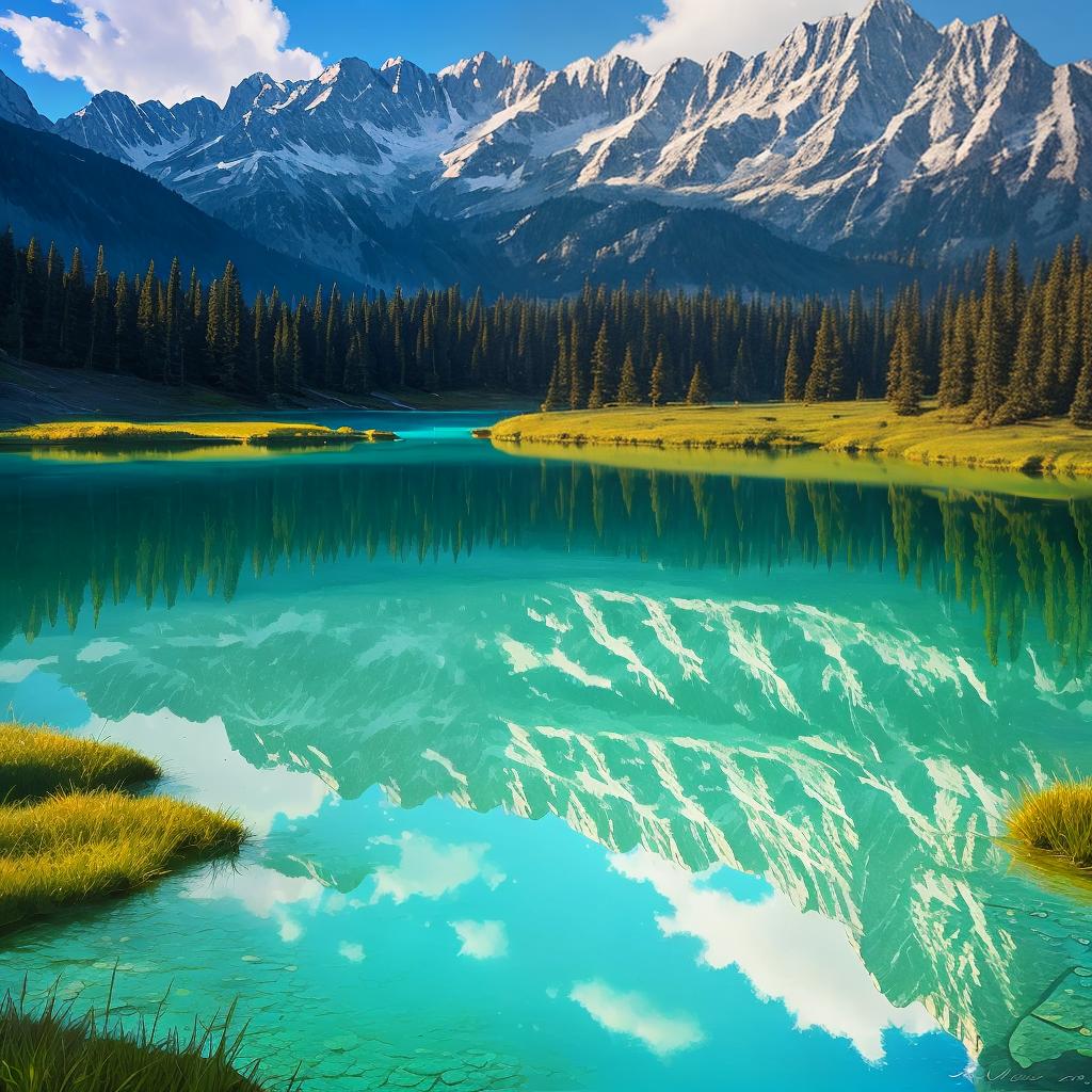  as a painting, Convey the serene majesty of towering mountains reflected in the crystal-clear waters of a tranquil alpine lake, using your unique artistic vision to evoke a sense of awe and tranquility.