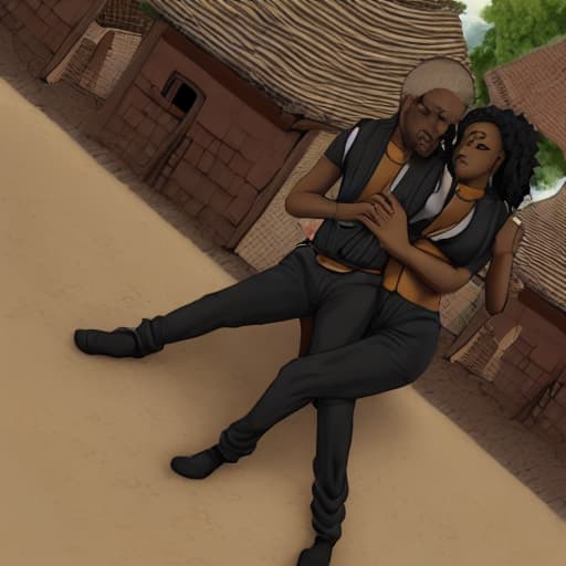  young black man and woman cuddle at a village scene