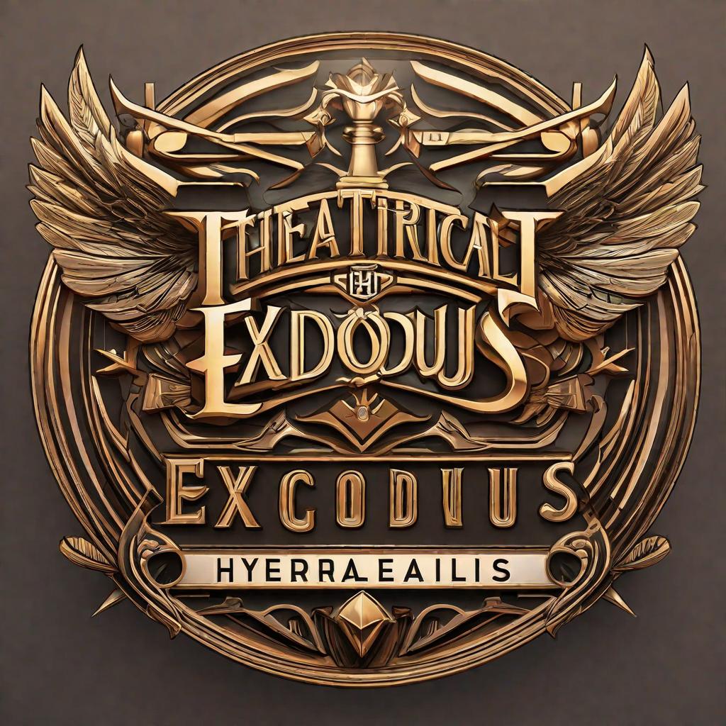  creates a logo for a group titled theatrical exodus hyperrealistic, full body, detailed clothing, highly detailed, cinematic lighting, stunningly beautiful, intricate, sharp focus, f/1. 8, 85mm, (centered image composition), (professionally color graded), ((bright soft diffused light)), volumetric fog, trending on instagram, trending on tumblr, HDR 4K, 8K