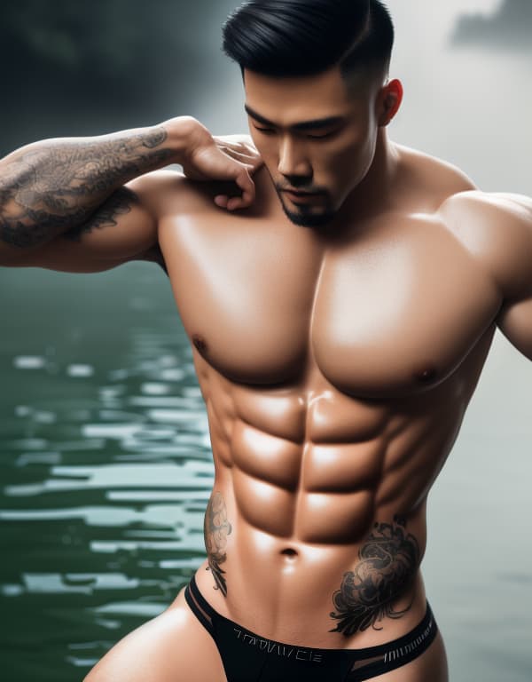  muscle, tattooed Chinese beautiful boy with white lace, lifting his in river， whole body，chest hair hyperrealistic, full body, detailed clothing, highly detailed, cinematic lighting, stunningly beautiful, intricate, sharp focus, f/1. 8, 85mm, (centered image composition), (professionally color graded), ((bright soft diffused light)), volumetric fog, trending on instagram, trending on tumblr, HDR 4K, 8K