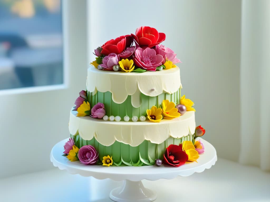  A closeup, photorealistic image of a beautifully decorated threetiered cake with intricate piping details, delicate fondant flowers, and shimmering edible pearls cascading down the sides. The cake is displayed on a pristine white pedestal stand, set against a softfocus background that highlights the craftsmanship and artistry of the confection. hyperrealistic, full body, detailed clothing, highly detailed, cinematic lighting, stunningly beautiful, intricate, sharp focus, f/1. 8, 85mm, (centered image composition), (professionally color graded), ((bright soft diffused light)), volumetric fog, trending on instagram, trending on tumblr, HDR 4K, 8K