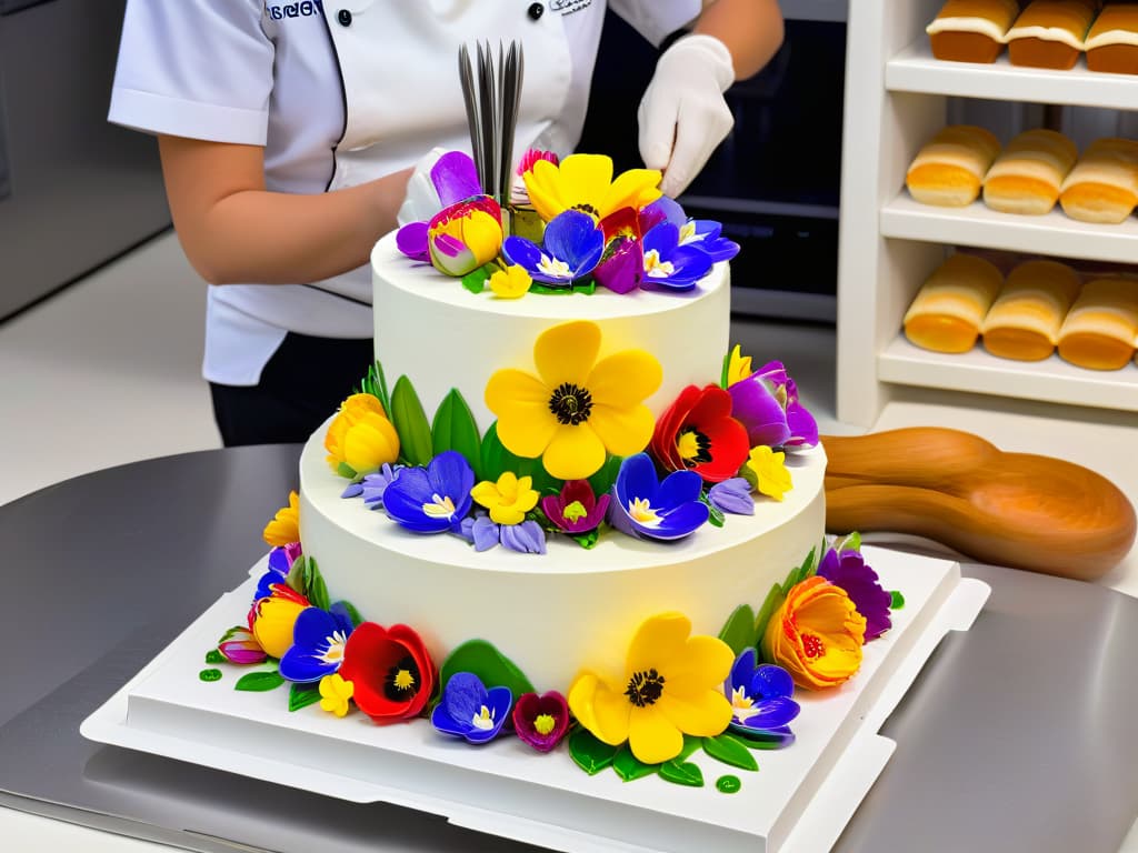  A photorealistic image of a professional pastry chef using graphic design software on a sleek, modern computer to create intricate and innovative cake designs. The chef is surrounded by colorful icing, edible flowers, and various pastry tools, showcasing a perfect blend of technology and artistry in the world of creative baking. hyperrealistic, full body, detailed clothing, highly detailed, cinematic lighting, stunningly beautiful, intricate, sharp focus, f/1. 8, 85mm, (centered image composition), (professionally color graded), ((bright soft diffused light)), volumetric fog, trending on instagram, trending on tumblr, HDR 4K, 8K